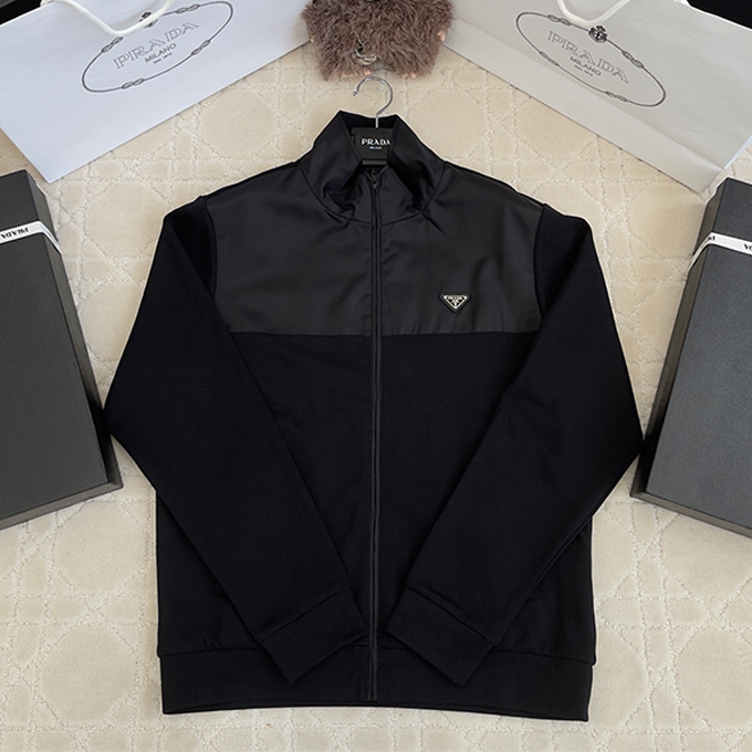 prada triangle logo mixed‑fabric zip‑up jacket